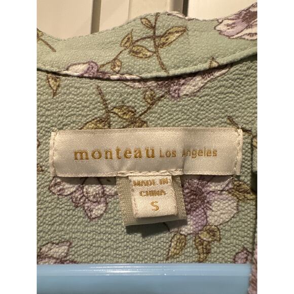 Monteau Los Angeles Green Floral Tiered Dress with belt & round neck size small - Picture 12 of 12